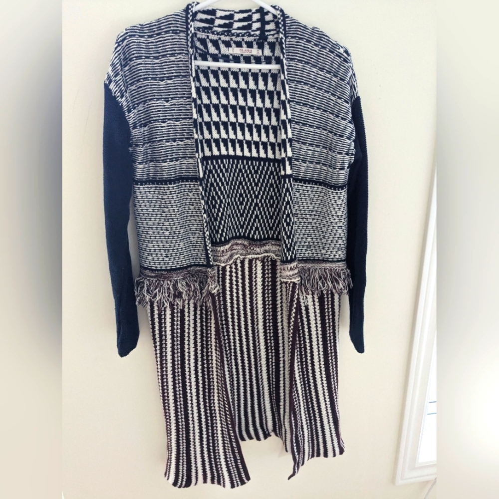 Pull & Bear Knit Open Cardigan Striped Multicolor Fringe Blue Maroon Size S